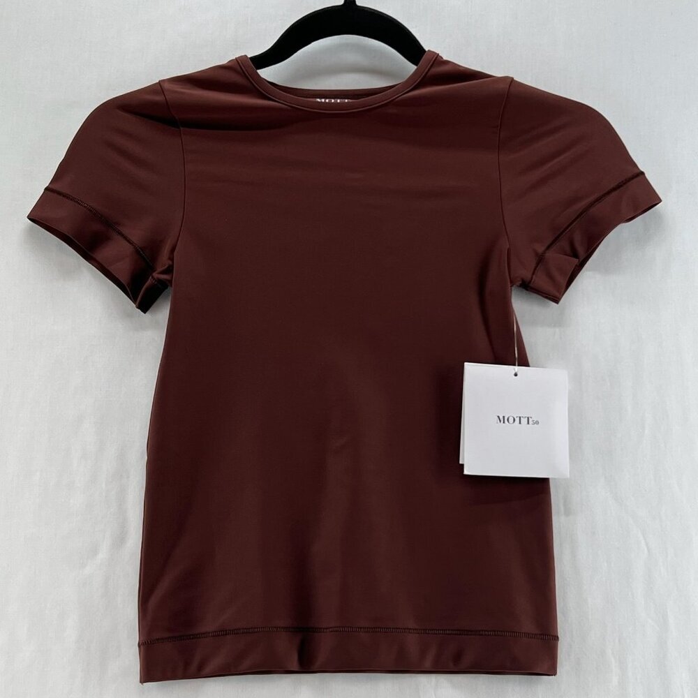 Mott 50 Short Sleeve Tee Womens Sz S Crewneck UPF50+ Stretch Breathable Espresso